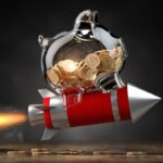 Piggy bank on a flying rocket